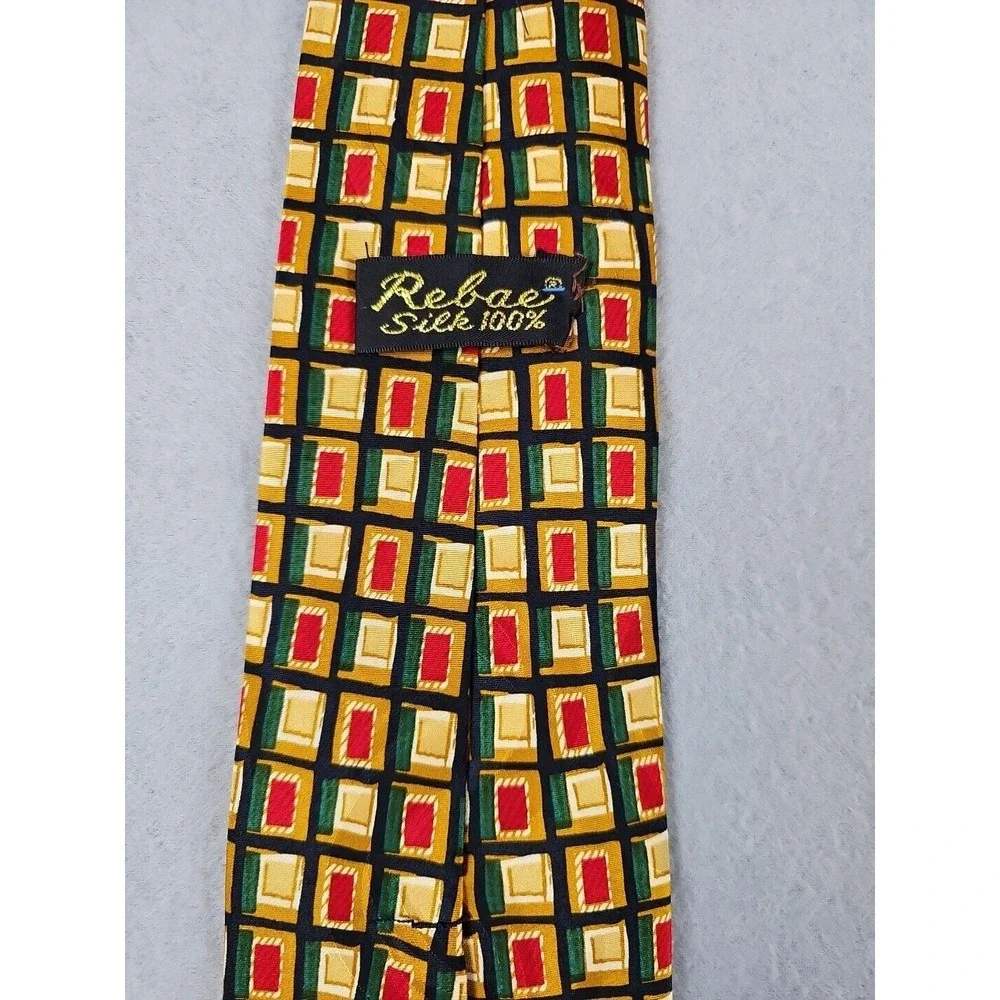 Rebae Silk Men's Neck Tie Gold Red Green Geometric Design